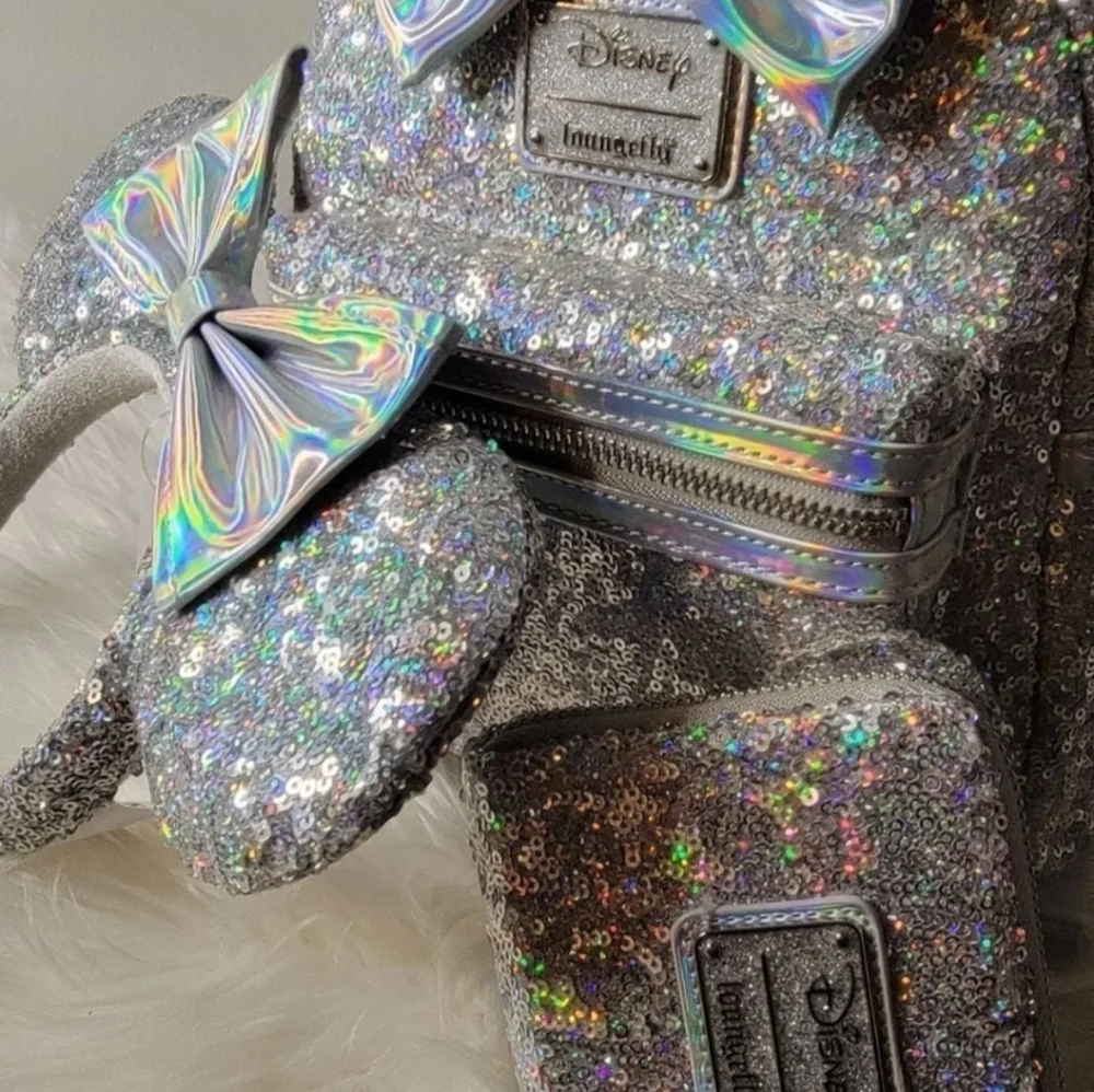 Set of 3!Silver Holographic Sequin Loungefly Backpack&Wallet&Ears
